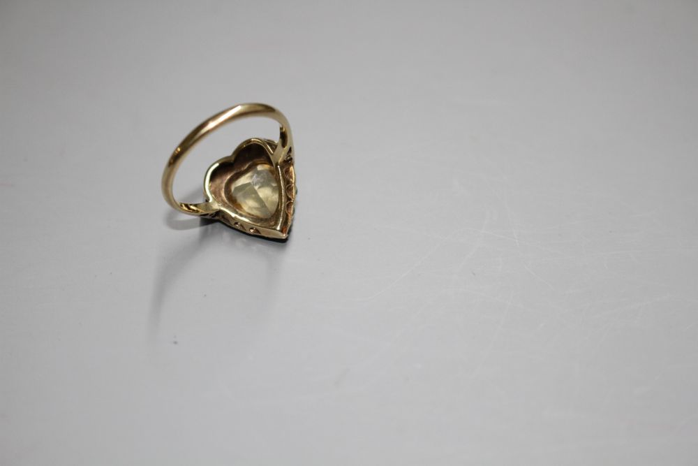 A 1960s 9ct gold, heart shaped citrine and turquoise bead set heart shaped dress ring,